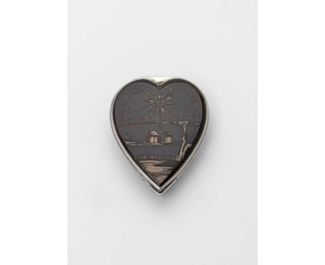 A GEORGE II SILVER-MOUNTED TORTOISESHELL SNUFF BOX heart-shaped with chased sides, the cover with a pique-work scene; a count