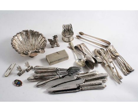 A MIXED LOT:- A set of six tea knives and six tea forks with stainless steel blades & tines, a small pistol-handled knife & f