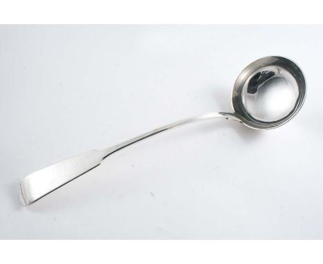 AN EARLY VICTORIAN SCOTTISH FIDDLE PATTERN SOUP LADLE probably by J. Muir Jnr. (mark overstriking another), Glasgow 1843;  14