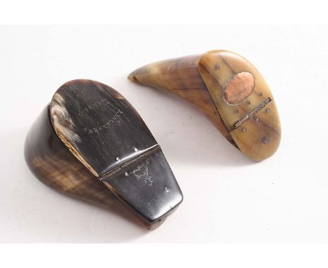 A LATE 19TH CENTURY IRISH HORN SNUFF BOX in the form of a hoof with a pique-work deer and "KILLARNEY LAKES" on the cover, and