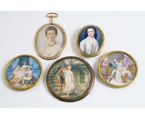 ENGLISH SCHOOL 18TH CENTURY A miniature portrait of a lady wearing blue scarf and white dress, enamel; 4.5 x 3.75 cms, portra