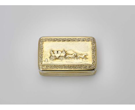 A GEORGE III SILVERGILT SNUFF BOX rectangular with rounded corners, concaved sides, engine-turning and applied Greek-key bord