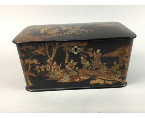 JAPANESE STYLE TEA CADDY, of rectangular form, decorated with figures and trees