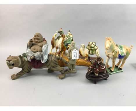 LOT OF ASIAN CERAMIC FIGURE GROUPS, including horses, warriors etc