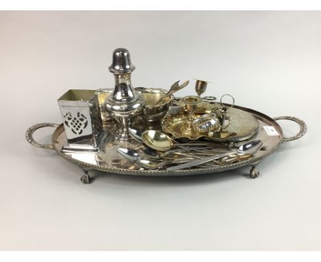 LOT OF SILVER PLATE, including a serving tray, cutlery, candlestick, etc