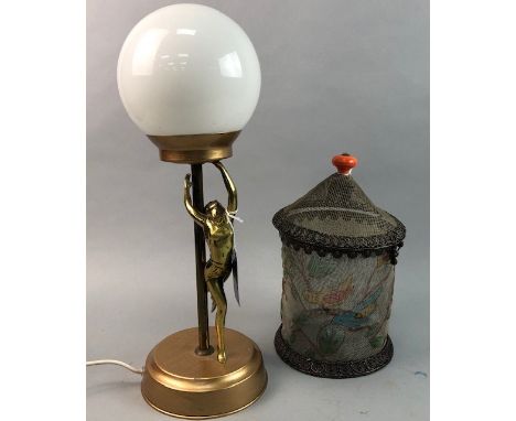 REPRODUCTION BRASS ART DECO STYLE TABLE LAMP, along with a small mesh bird cage