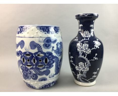 CHINESE BLUE AND WHITE CERAMIC STOOL, along with other blue and white ceramics