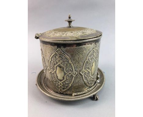 LOT OF SILVER PLATE, including a biscuit barrel, candlestick, baskets, dwarf candlesticks, etc