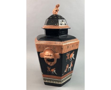 GREEK REVIVAL CERAMIC LIDDED VASE, along with three Greek revival jugs (4)