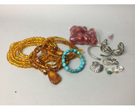 LOT OF BIJOUTERIE, including a silver snake bangle with diamonds, other silver items, bead necklaces, etc