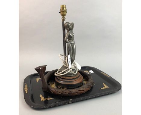 ART DECO TABLE LAMP, along with a Japanese laquered tray and a model of a snake