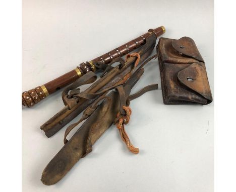 VINTAGE ICE SKATES, along with an inlaid chanter and a leather belt pouch
