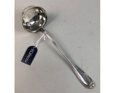 GERMAN SILVER SOUP LADLE, the scroll moulded end engraved initials, approx. 230 grams