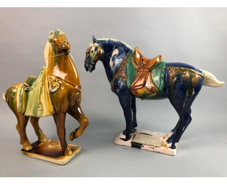 TWO LARGE CERAMIC FIGURES OF HORSES, each on rectangular ceramic base, one with plaque presented to Director of Fire Services