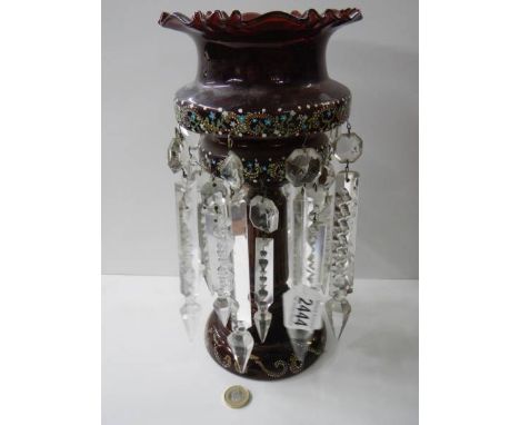 A Victorian hand decorated ruby glass lustre,, 32 cm. COLLECT ONLY.