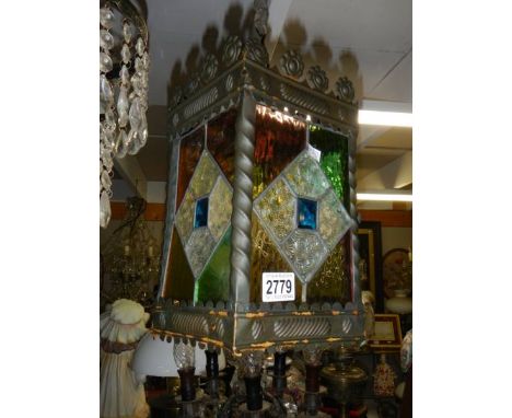 An early 20th century leaded and stained glass hall lantern, COLLECT ONLY.