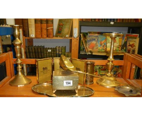 A mixed lot of brassware including candlestick.
