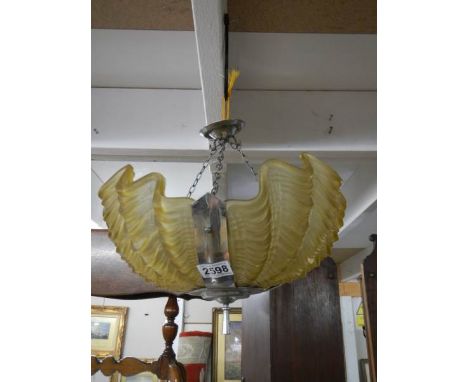 An art deco chrome and glass clam shell ceiling light. COLLECT ONLY.
