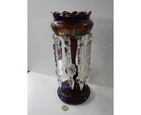 A Victorian hand decorated ruby glass lustre,, 32 cm. COLLECT ONLY.
