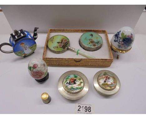 A boxed Chinese mirror and powder box, enamel teapot, two eggs, thimble etc.,