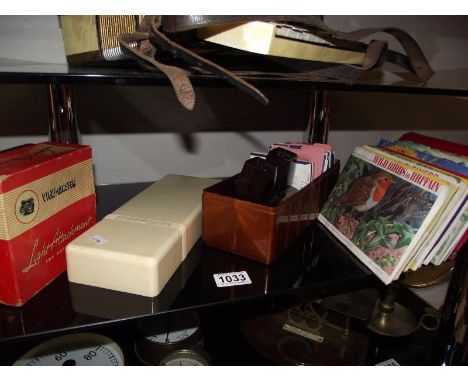 A vintage viewmaster viewer, boxed light attachment and slides, plus approx 10 sets of tea  cards well presented in albums