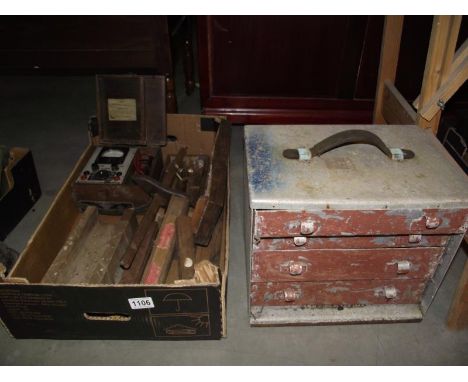 A vintage aluminiun 4 drawer tool chest, boxed expanding drill bits etc  COLLECT ONLY 