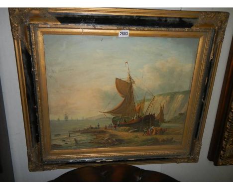A framed oil on canvas seascape, framed needs attention, COLLECT ONLY.Image area 59.5cm x 49.5cm.Including frame 79.5cm x 69.
