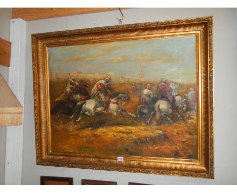 A large 20th century oil on canvas signed R Wilson, 95 x 120cm. COLLECT ONLY.