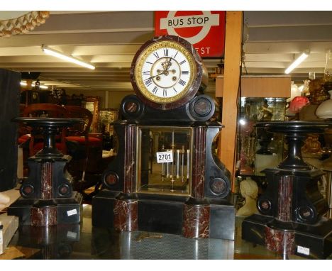 A Victorian slate three piece clock garniture in working order, COLLECT ONLY.