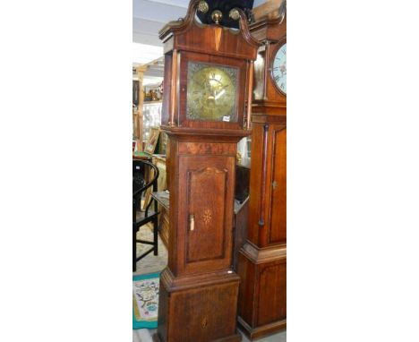 An early 8 day inlaid long case clock with brass dial, in good condition, COLLECT ONLY.