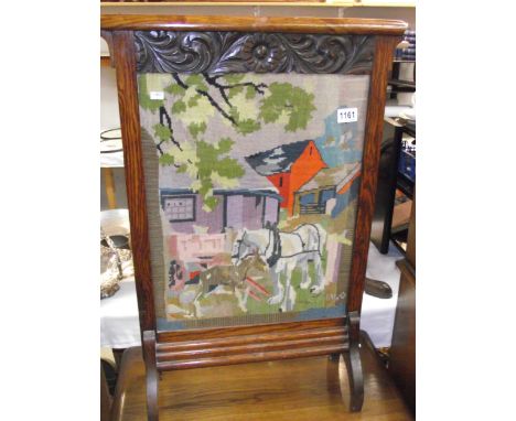 A 1930's oak fire screen with wool work of farming scene 54cm x 81cm COLLECT ONLY