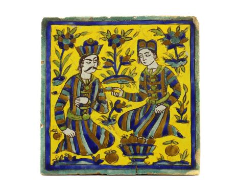 A Persian Qajar pottery tile,early 19th century, decorated with two figures on a yellow ground,22cm squareProvenance – Mr Eva