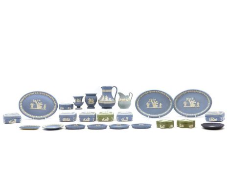 A collection of Wedgewood Jasperware,20th century, to include a campana form urn 8.5cm high, two cream jugs, the larger 15cm 