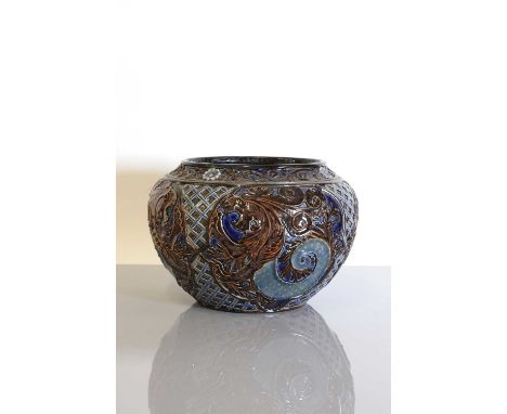 A Doulton Slater's Patent stoneware jardinière,by Mark V Marshall and Frank Butler, the blue glaze with latticework and leaf 