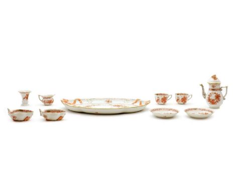 A Herend porcelain tea service, 'Apponyi Orange Chinese Bouquet' pattern, comprising a coffee pot, 15.5cm high, two teacups, 