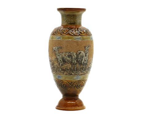 A Doulton Lambeth stoneware vase,decorated by Hannah Barlow, of baluster form, in an ochre glaze with a central buff glazed b