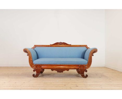 A Biedermeier satin birch sofa, 19th century, with scrolling detail, upholstered in blue fabric,204cm wide67cm deep103cm high