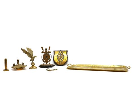 A collection of brass items,20th century, to include an inkstand, with abalone wells, surmounted by a cherub, 19.5cm wide, an