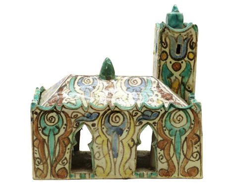 A glazed earthenware pen holder,first half 20th century, Morocco, possibly Safi or Marrakech, modelled as a building with a s