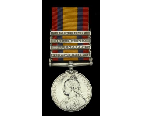 Queen’s South Africa 1899-1902, 4 clasps, Relief of Kimberley, Paardeberg, Driefontein, South Africa 1901, unofficial rivets 