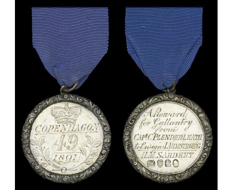 A unique 1801 Medal awarded to Ensign John Armstrong, 49th Foot, for his gallantry aboard H.M.S. Ardent at the battle of Cope