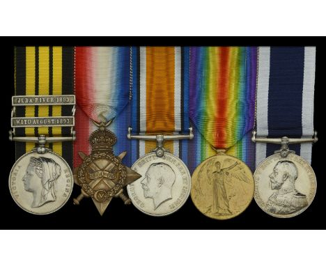 A rare ‘Juba River 1893’ group of five awarded to Petty Officer First Class (Leading Boatman) G. A. Clarke, Royal Navy and H.