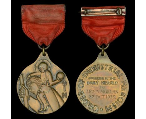 ‘Daily Herald’ Order of Industrial Heroism (To Lewis Morgan 27 Oct. 1939) with original ribbon pin-brooch, together with orig