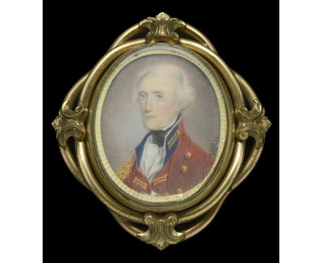 A fine miniature portrait of a Guards Officer. A well executed early 19th Century miniature oval portrait of a Guards Officer