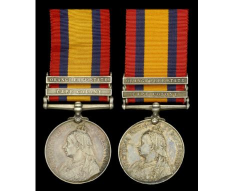 A scarce ‘double issue’ pair of Queen’s South Africa Medals awarded to Private W. Sweeney, Oxfordshire Light Infantry  Queen’