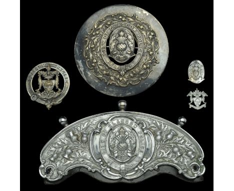 City of Glasgow Pipe Band Plaid Brooch, Bonnet Badge, Sporran Cantle and Collar Badges. The first in silver plate of extraord