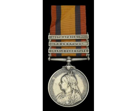 Queen’s South Africa 1899-1902, 3 clasps, Orange Free State, Transvaal, South Africa 1902 (3565 Pte. J. Beale. Oxford L.I.) s