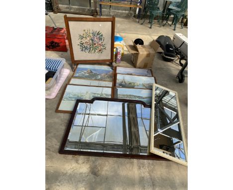 AN ASSORTMENT OF FRAMED PICTURES AND MIRRORS TO INCLUDE A TAPESTRY FIRE SCREEN