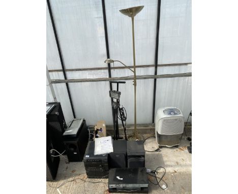 AN ASSORTMENT OF ITEMS TO INCLUDE A SONY STEREO WITH TWO SPEAKERS, LIGHTS AND DVD PLAYERS ETC