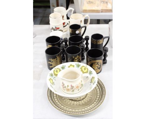 A QUANTITY OF PORTMERION COMMEMORATIVE MUGS TOGETHER WITH A PALISSY TANKARD OF A HUNTING SCENE, AUTUMN LEAVES JUG, ETC.,